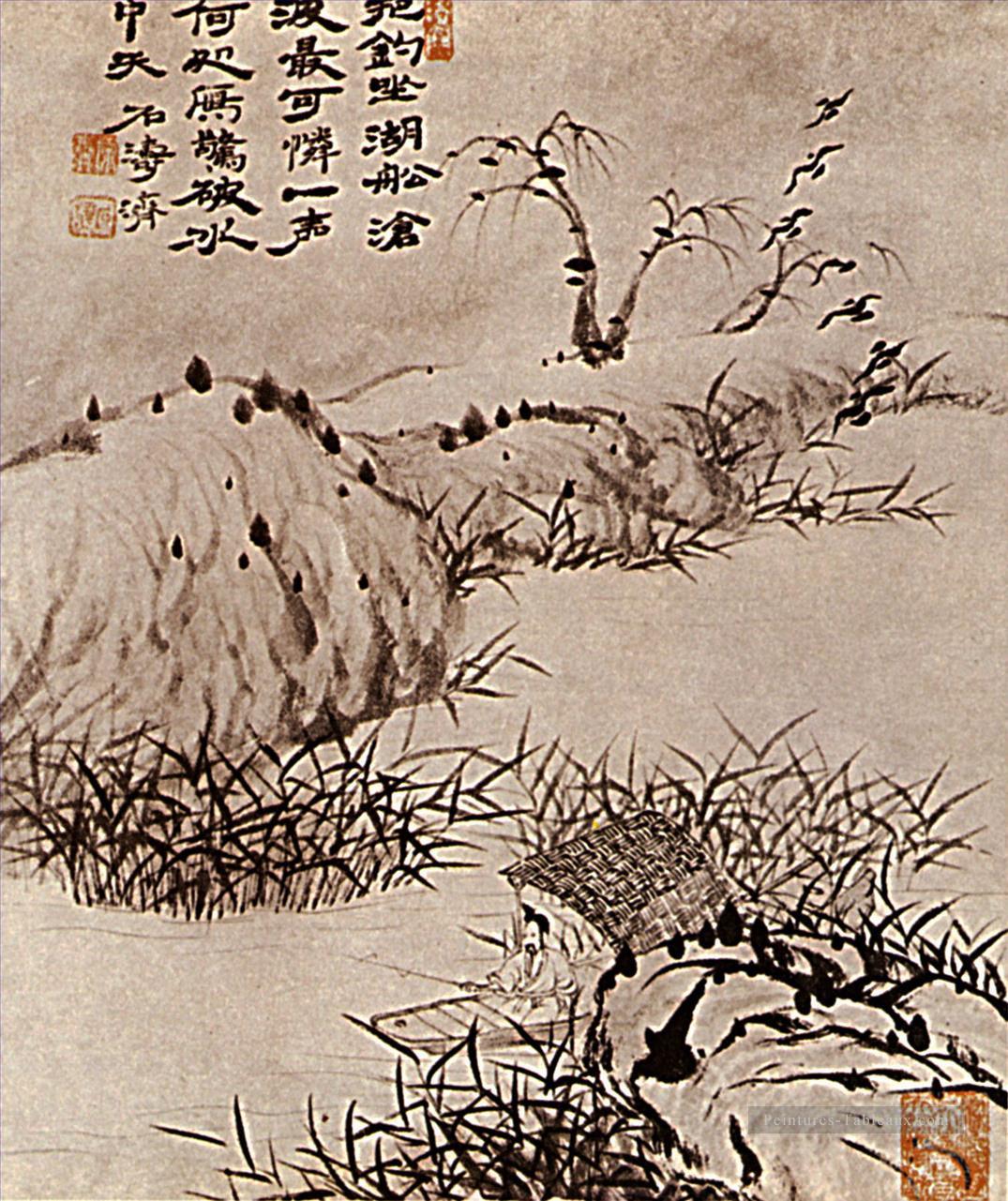 Shitao le solitaire a la pêche 1707 vieille encre de Chine Peintures à l'huile